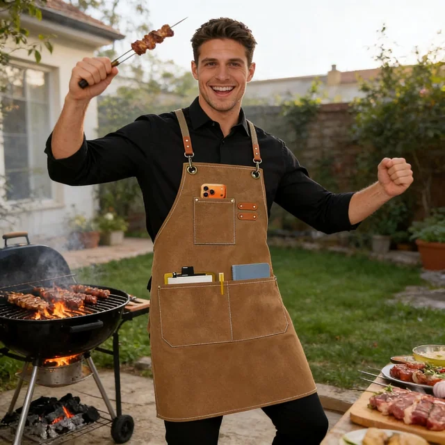 Brown AFUN canvas apron worn while grilling outdoors